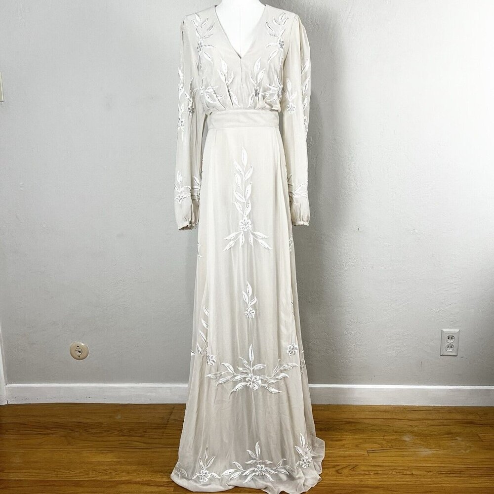 Anthropologie BHLDN Belize Embroidered A-Line Long-Sleeve V-Neck Gown Size 18